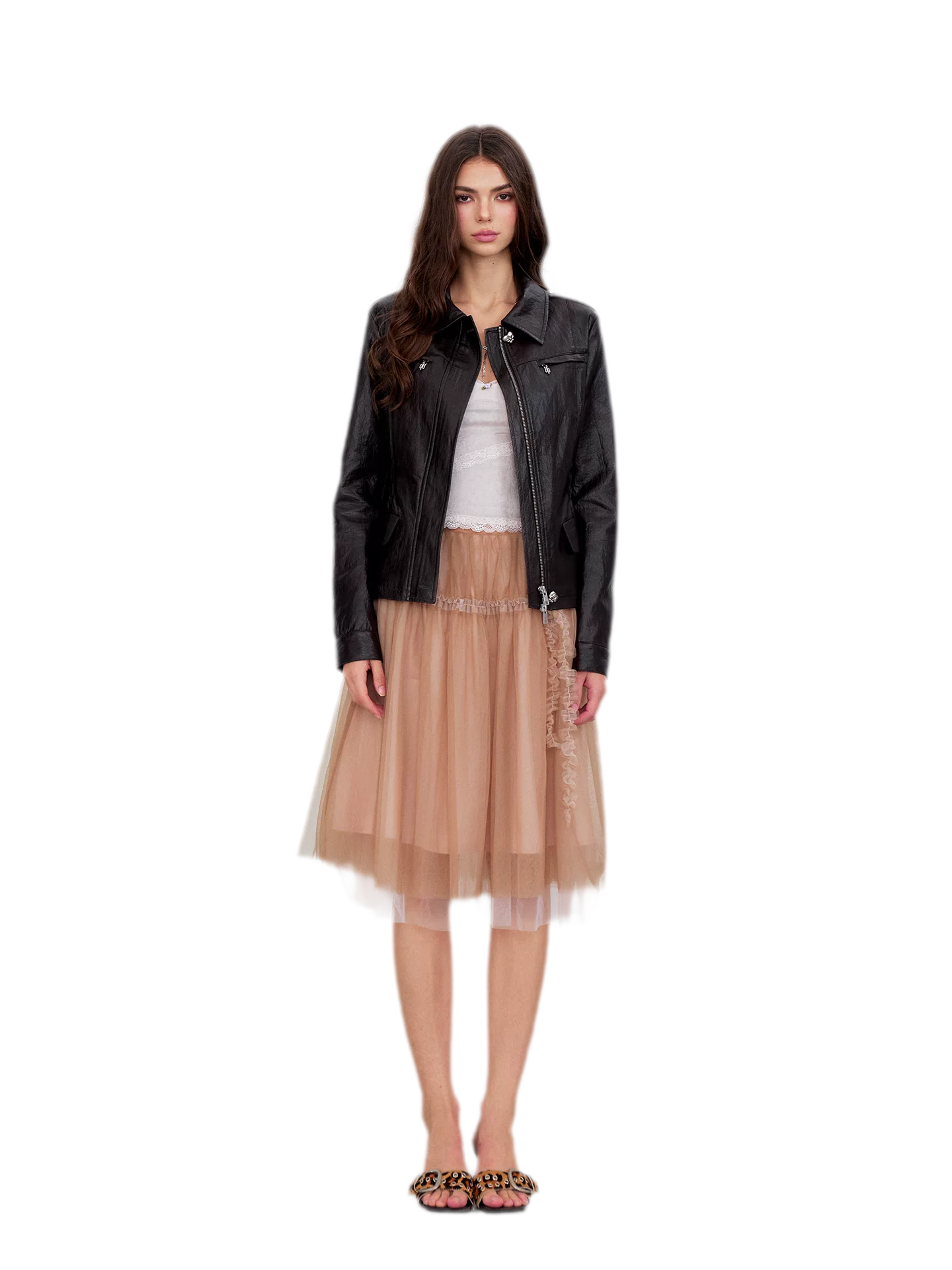 Layered Mesh Ruffle Midi Skirt