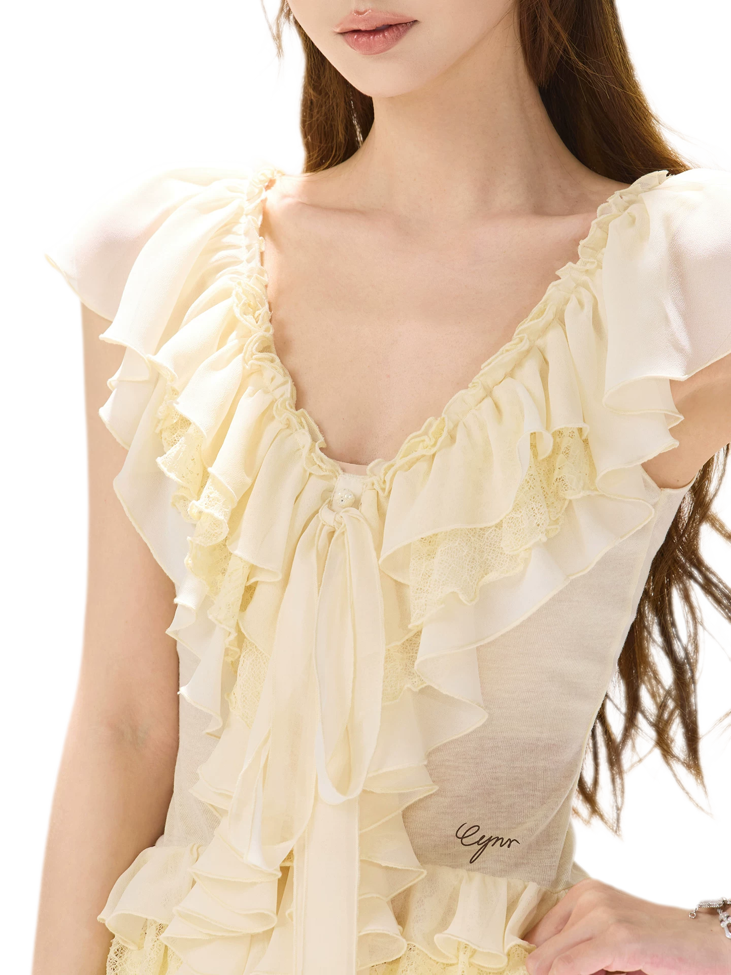 CYNR Lace Ruffle V-Neck Blouse – view 7