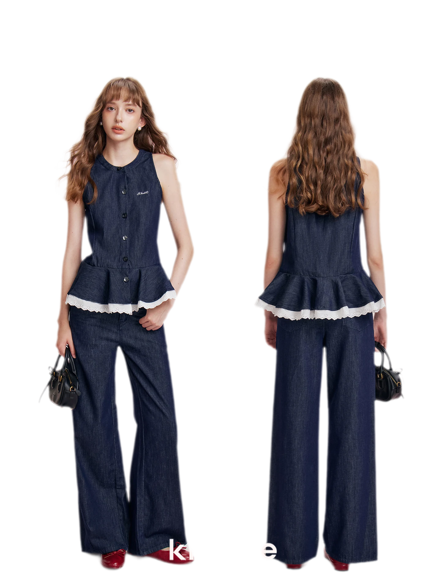 Lace Trim Peplum Denim Set
