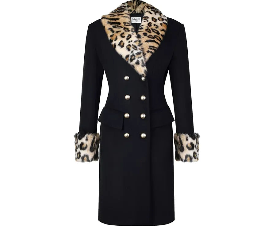 Leopard Trim Wool Coat