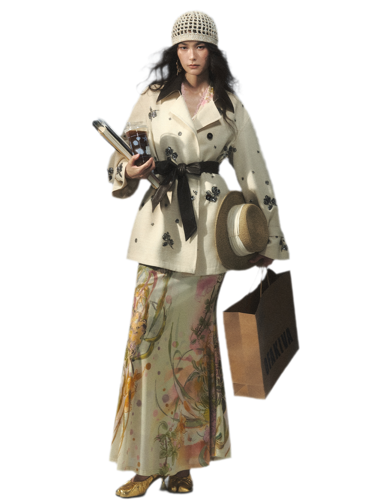 Bestickter Trenchcoat mit Perlenverzierung und Lederbesatz