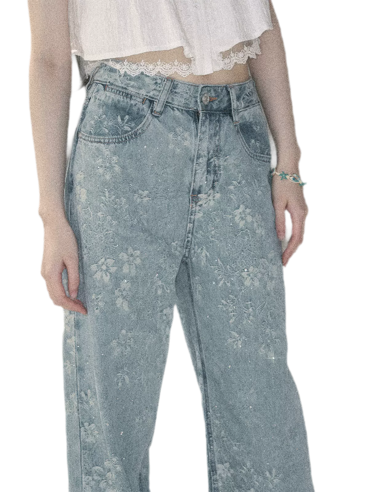 American Style Rhinestone Floral Denim Pants