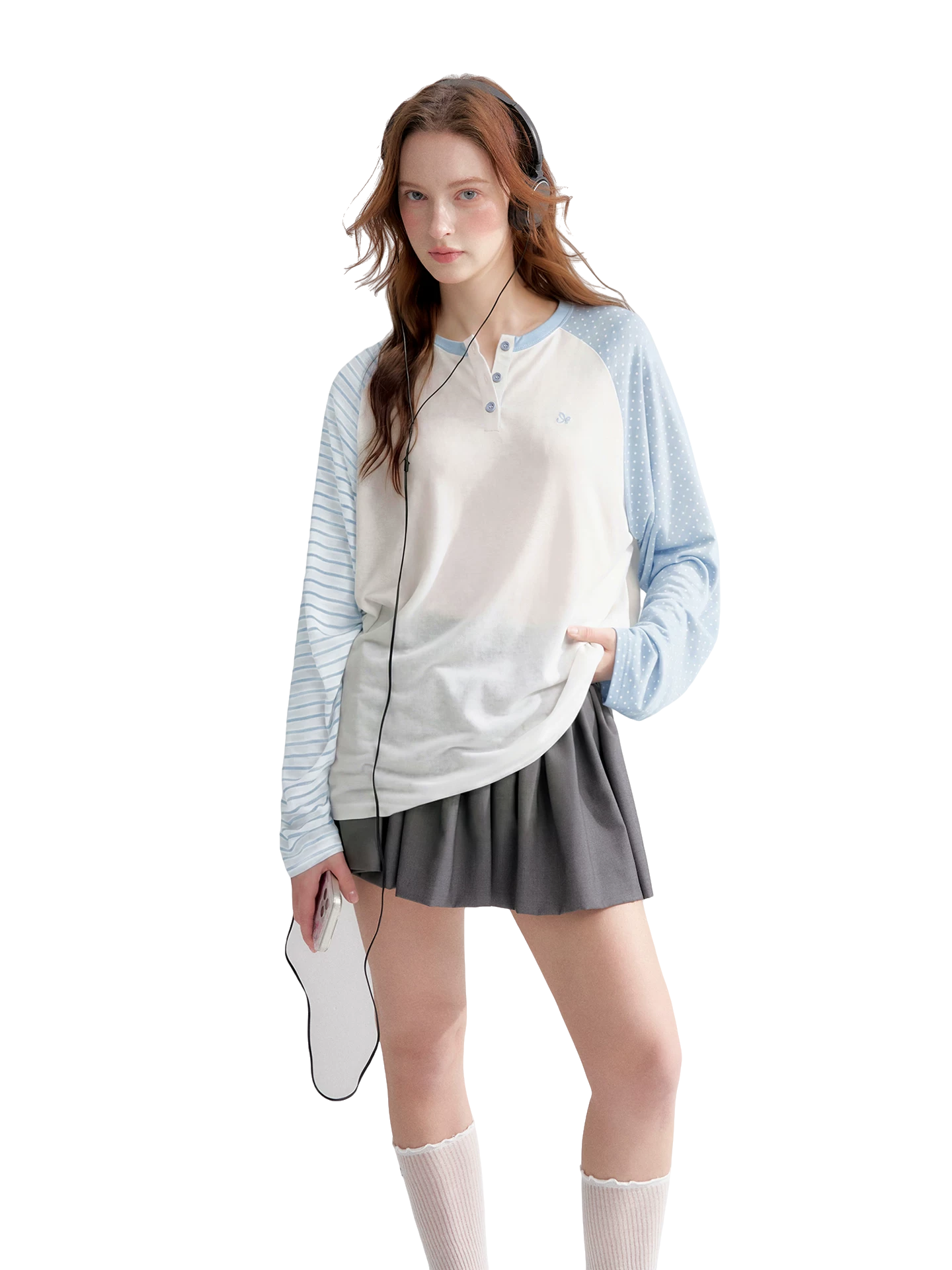 Striped Polka Dot Raglan Sleeve Long Sleeve Pullover