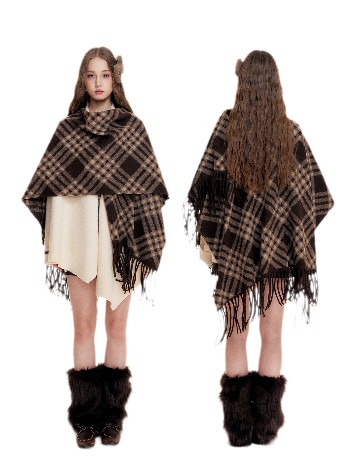 Fleece Checked Fringe Poncho