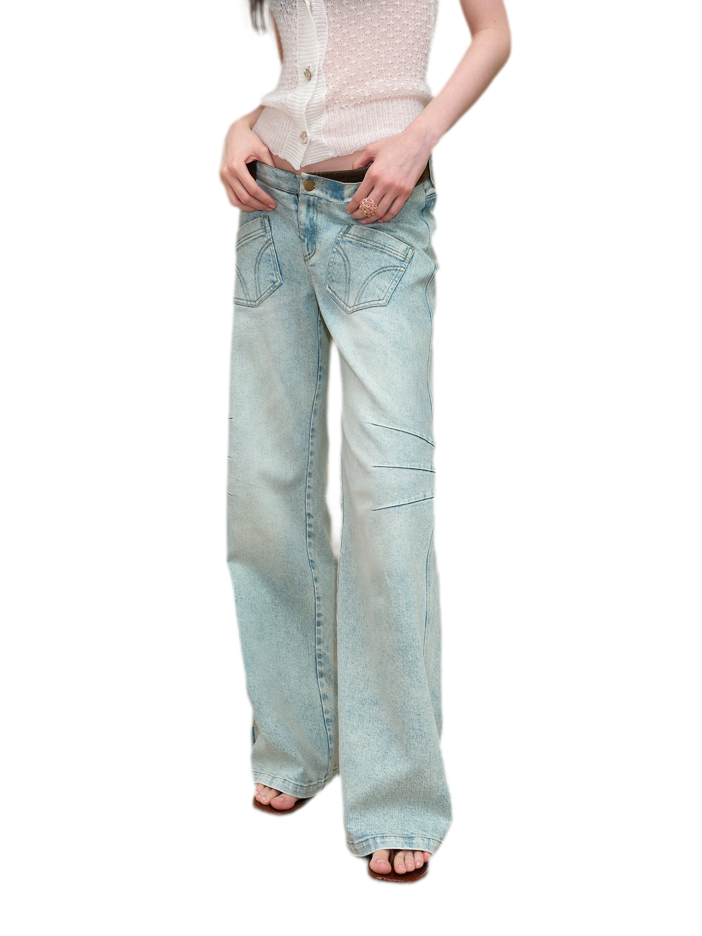 Vintage V-Waist Washed Blue Suede Patch Jeans