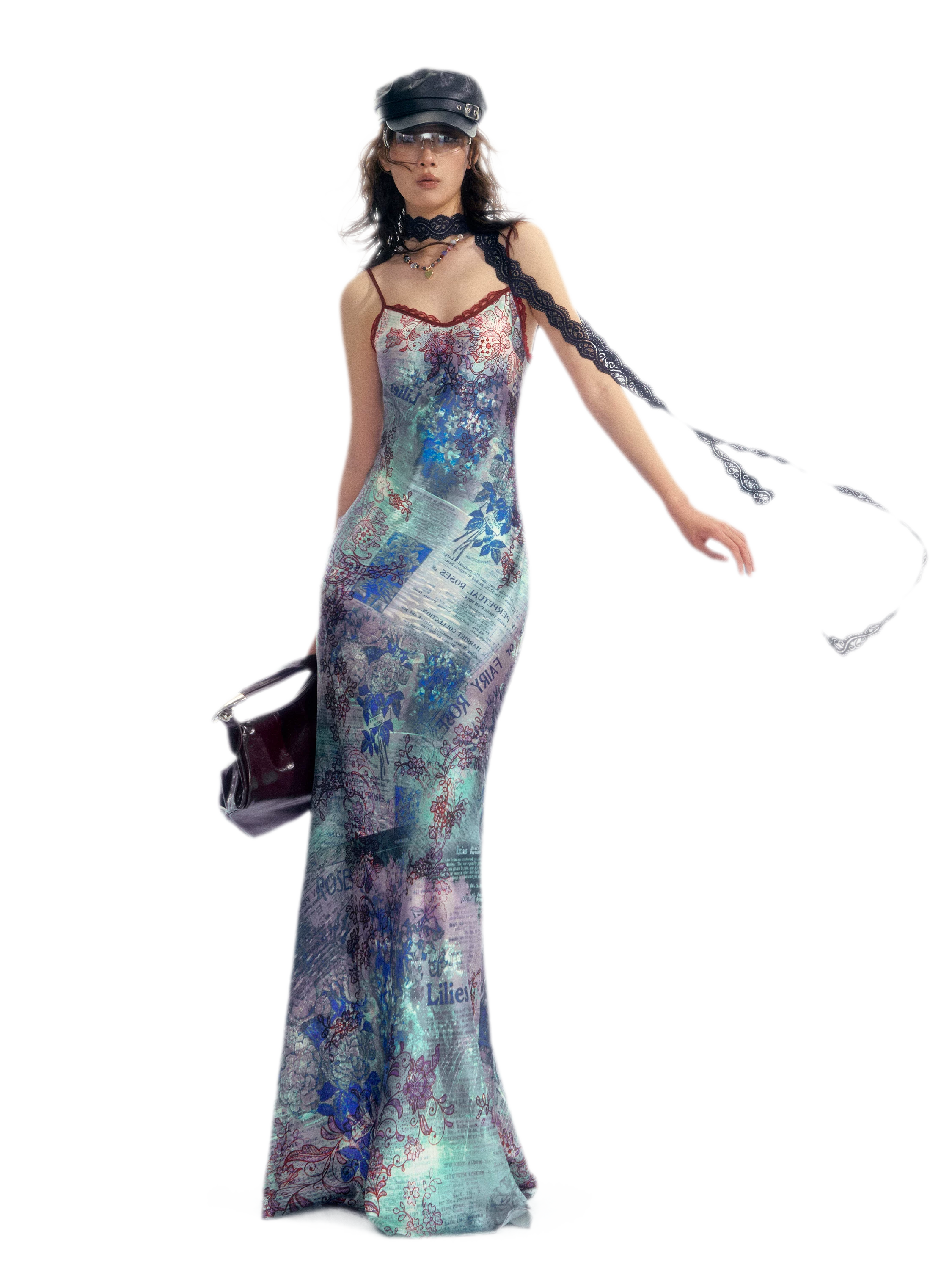 Botanical Print Bias-Cut Camisole Long Dress