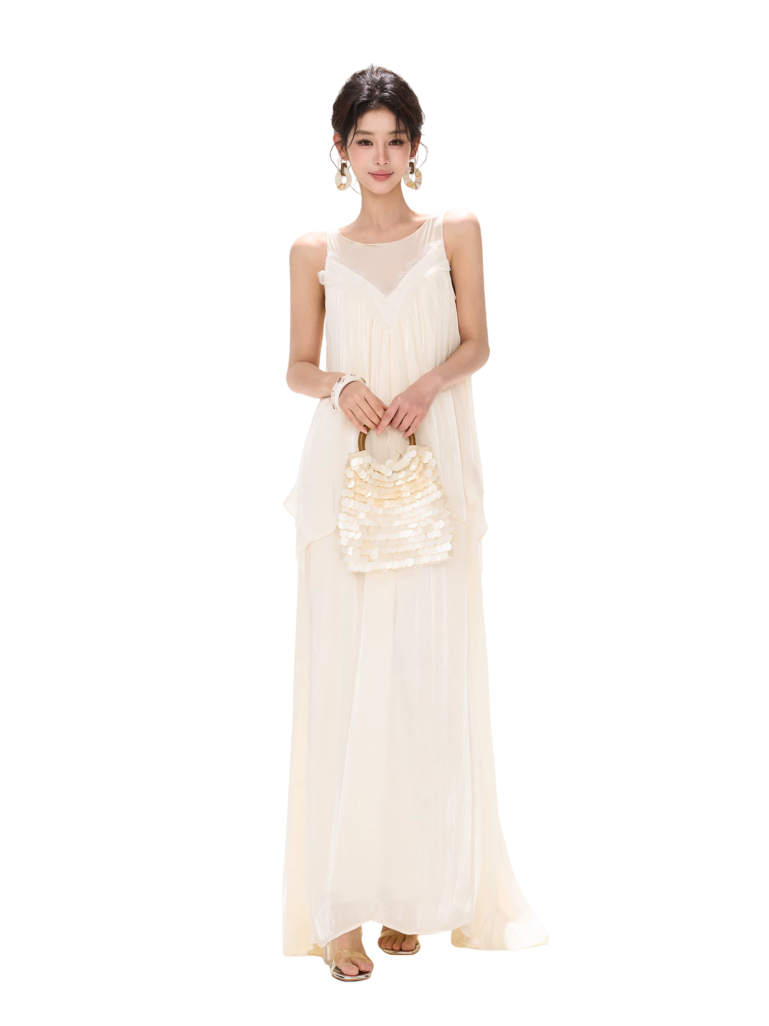 Sleeveless Mesh Ruffle Long Dress