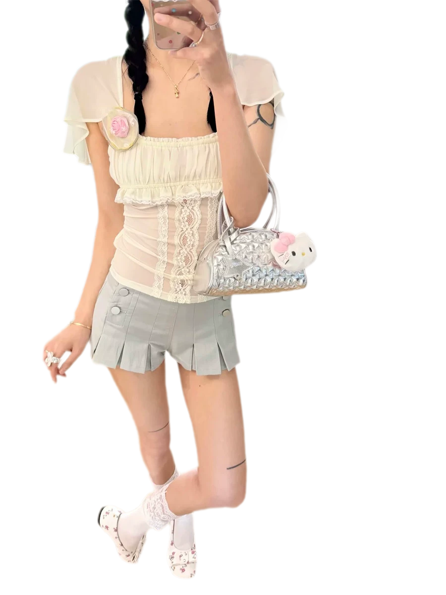 Pleated High-Waisted Double-Breasted Shorts