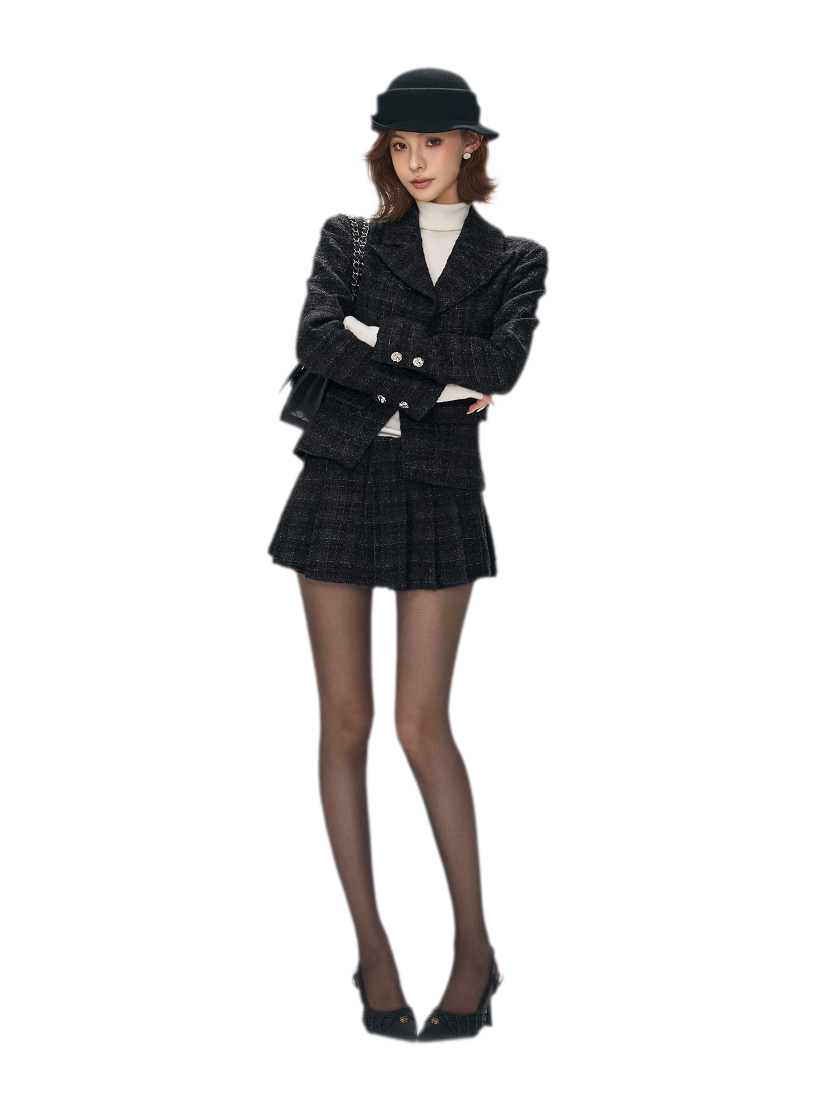 Tweed Jacket Pleated Skirt Set