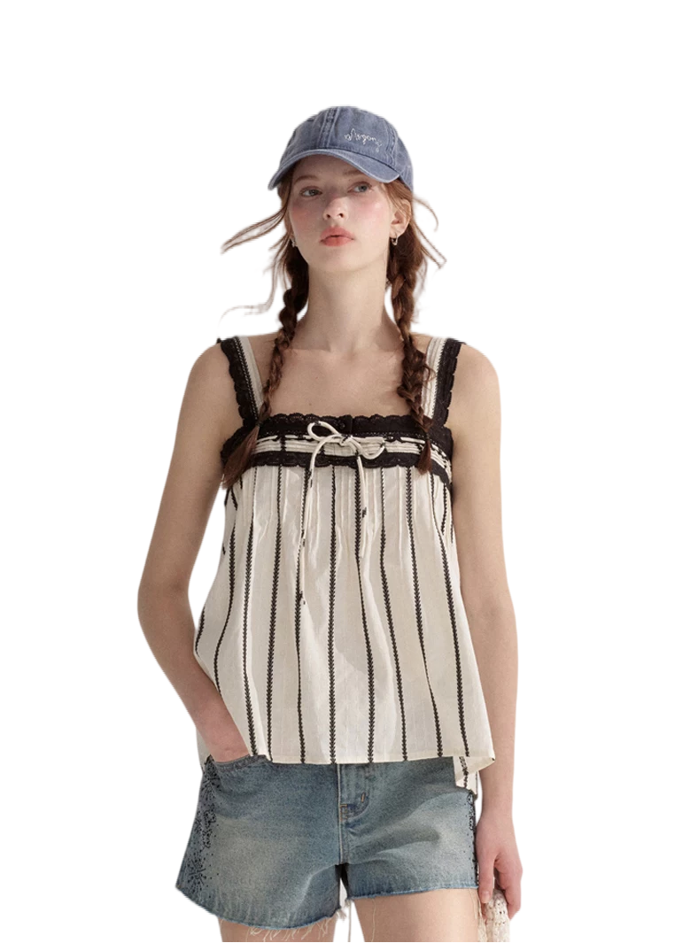 Striped Lace-Trim Tie-Front Camisole