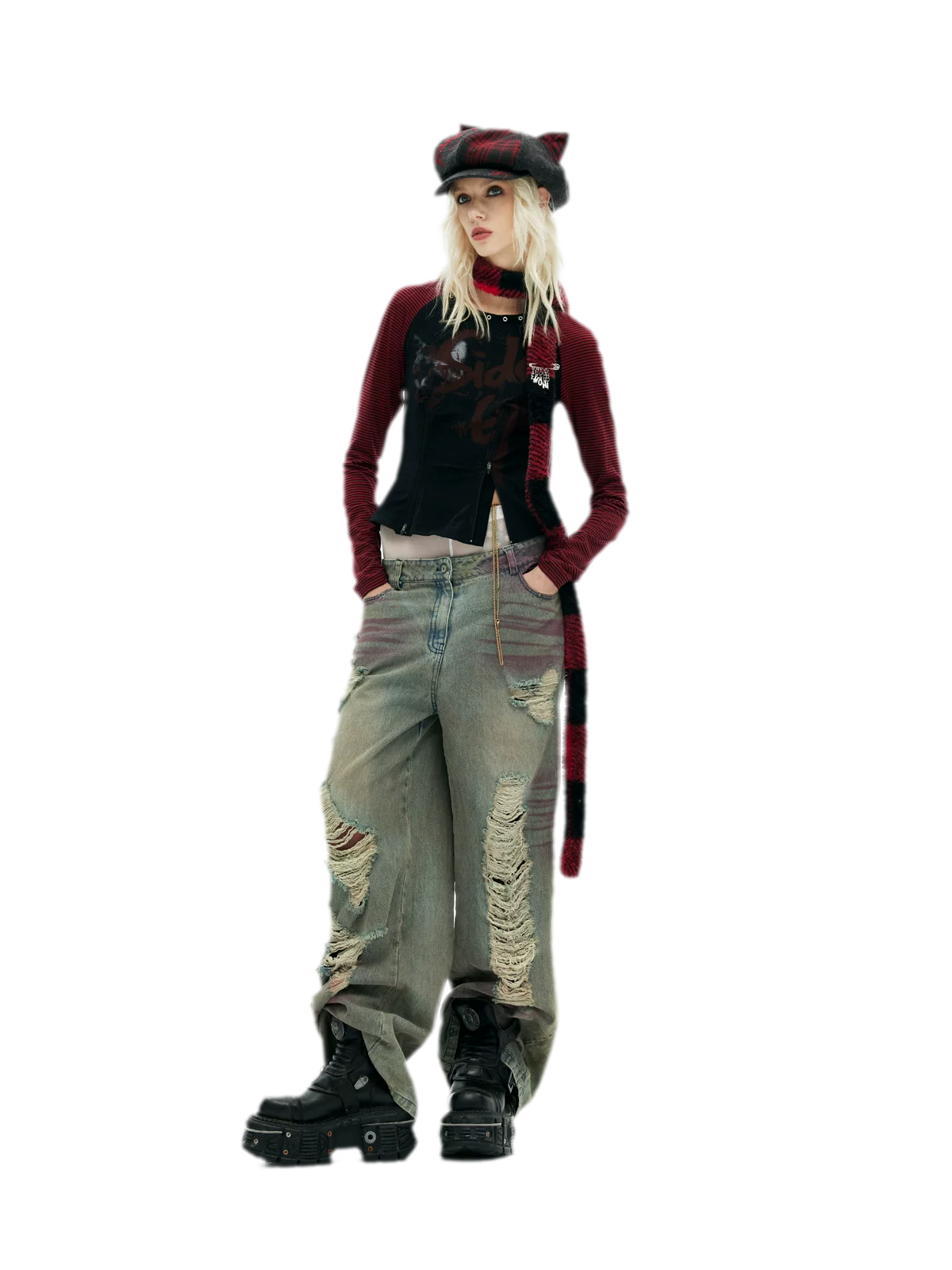 Embroidered Cat-Ear Plaid Newsboy Hat