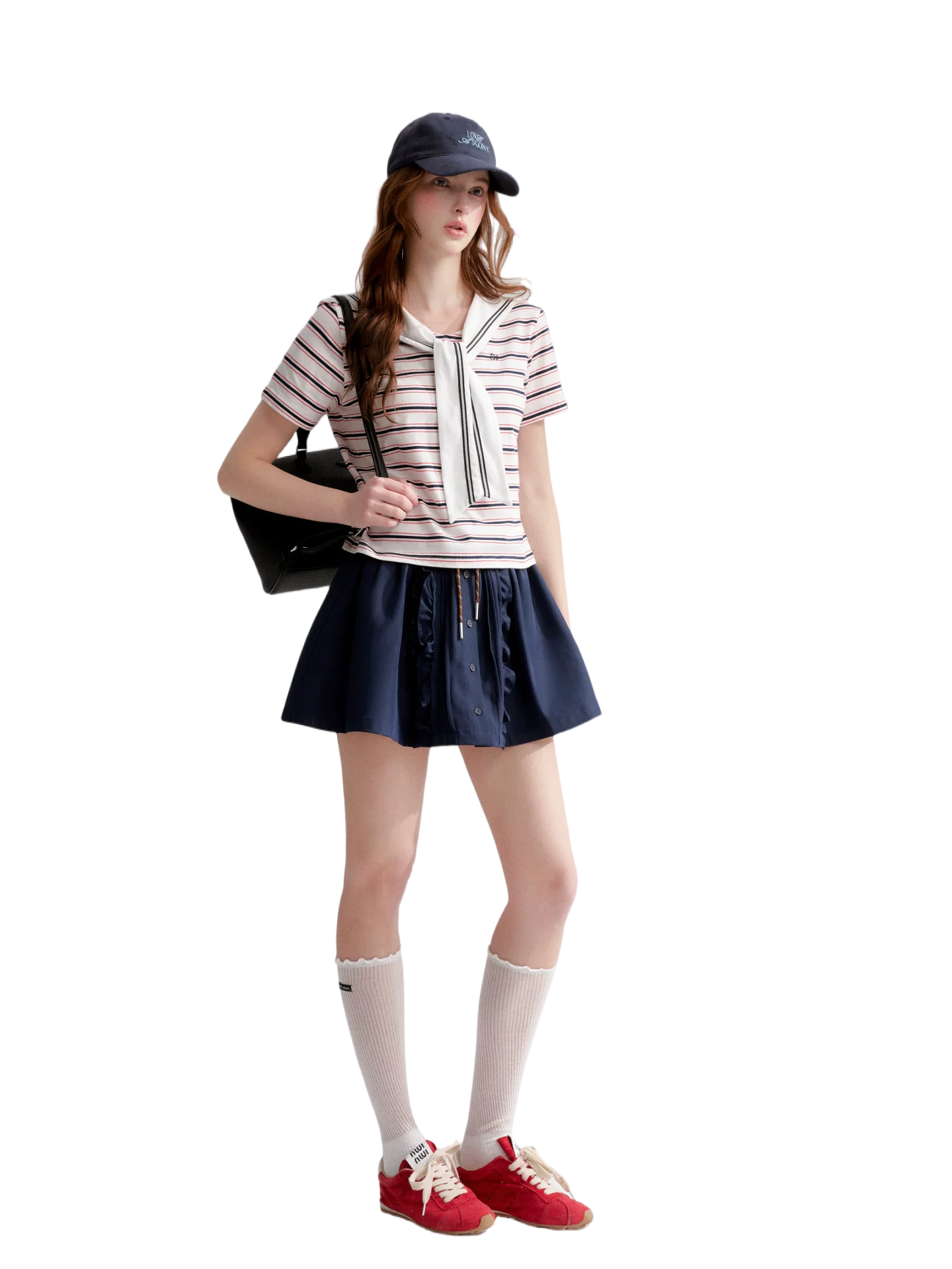 Navy Sailor Collar Tie-Striped Short T-shirt