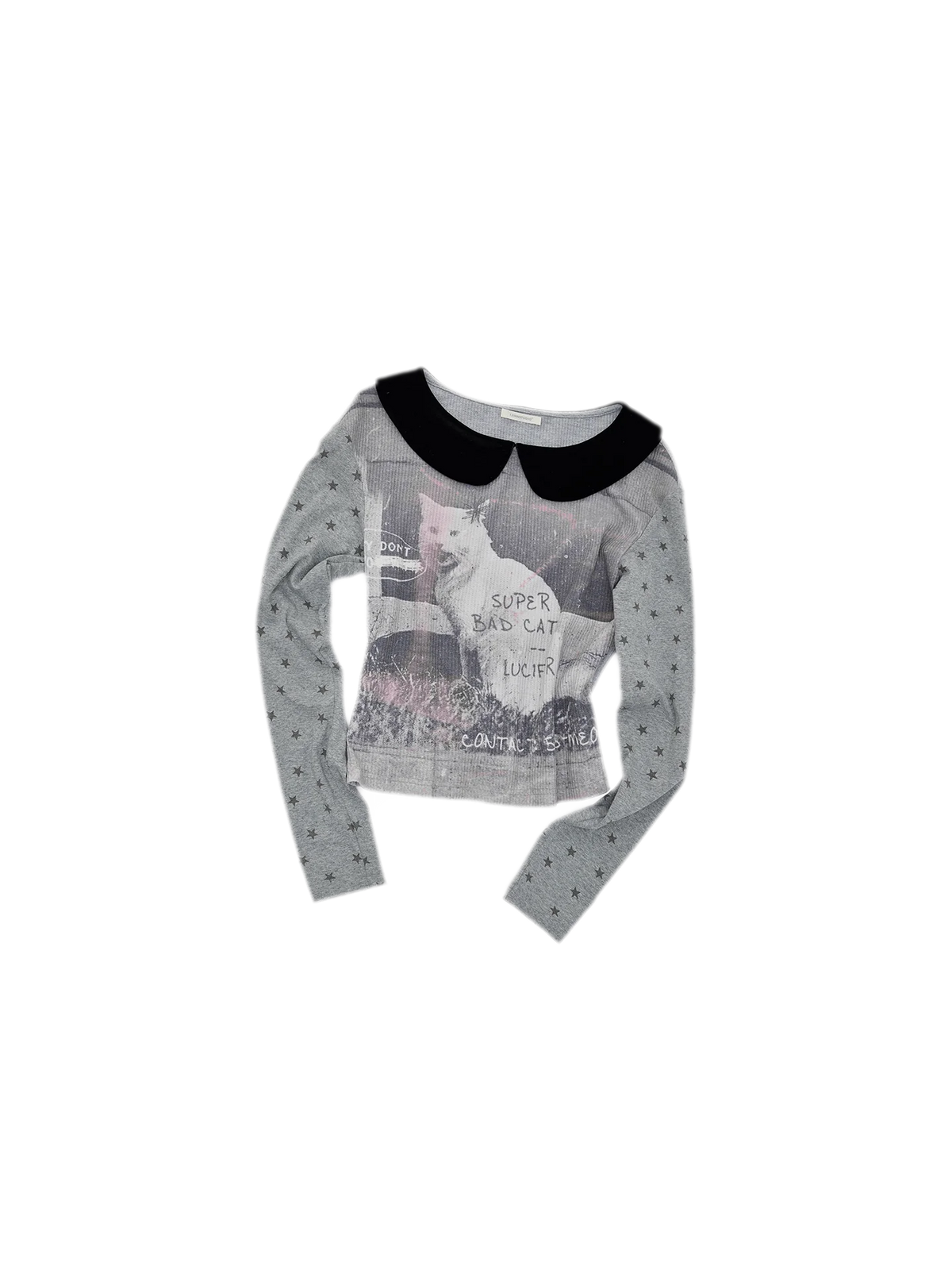 Camiseta de cuello Peter Pan con bloques de color y gato