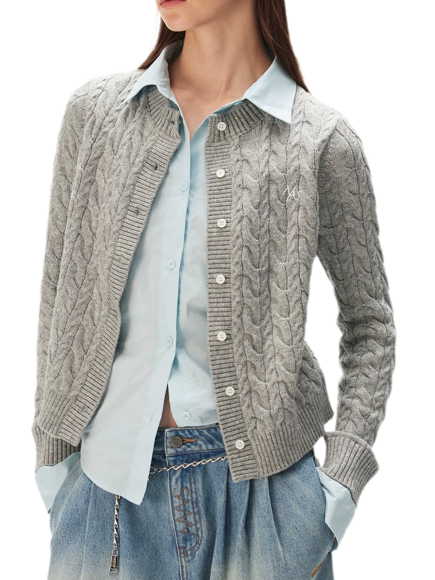 Cable Knit Faux-Layer Cardigan