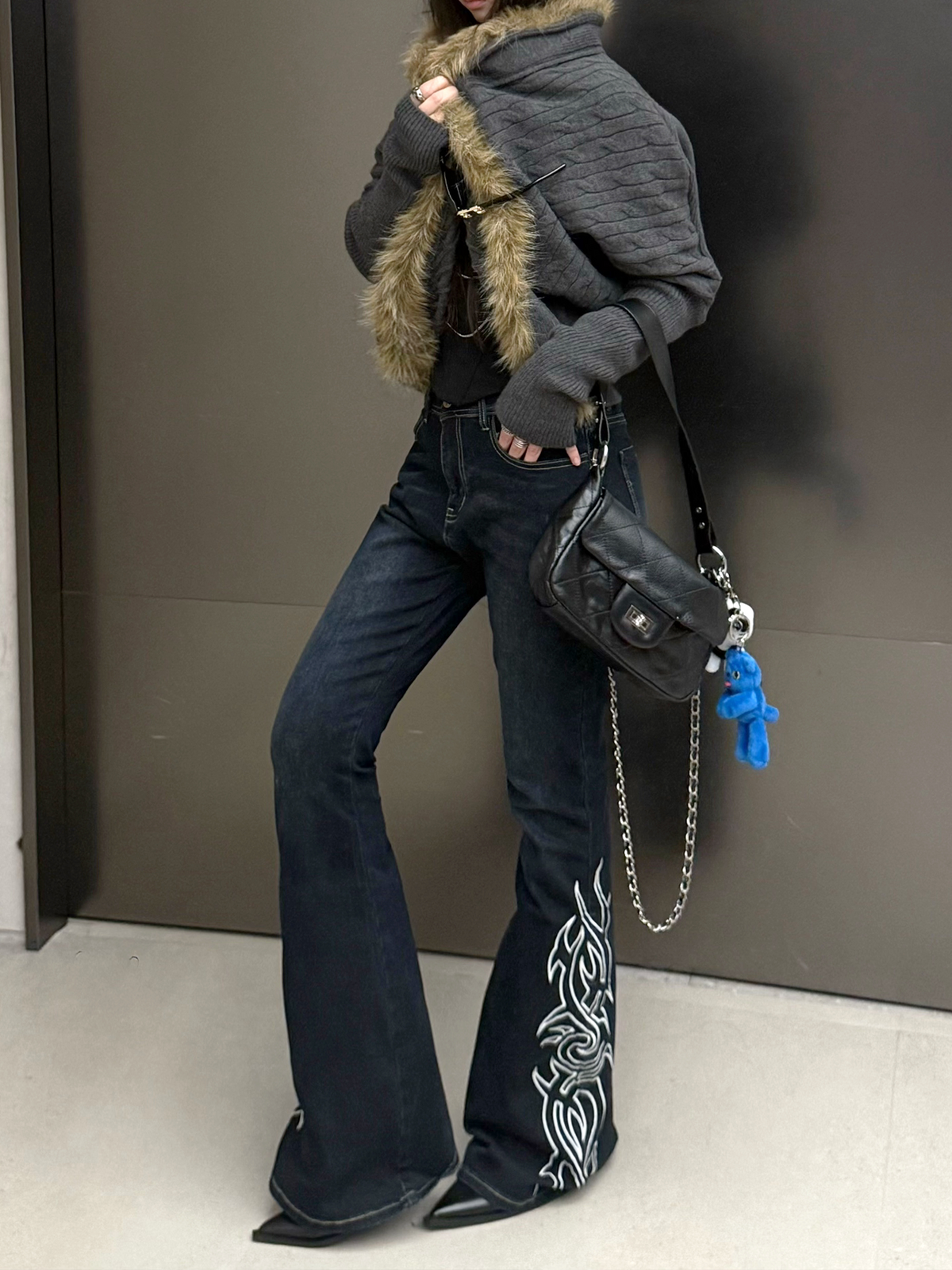 Embroidered Flared Wide-Leg Jeans