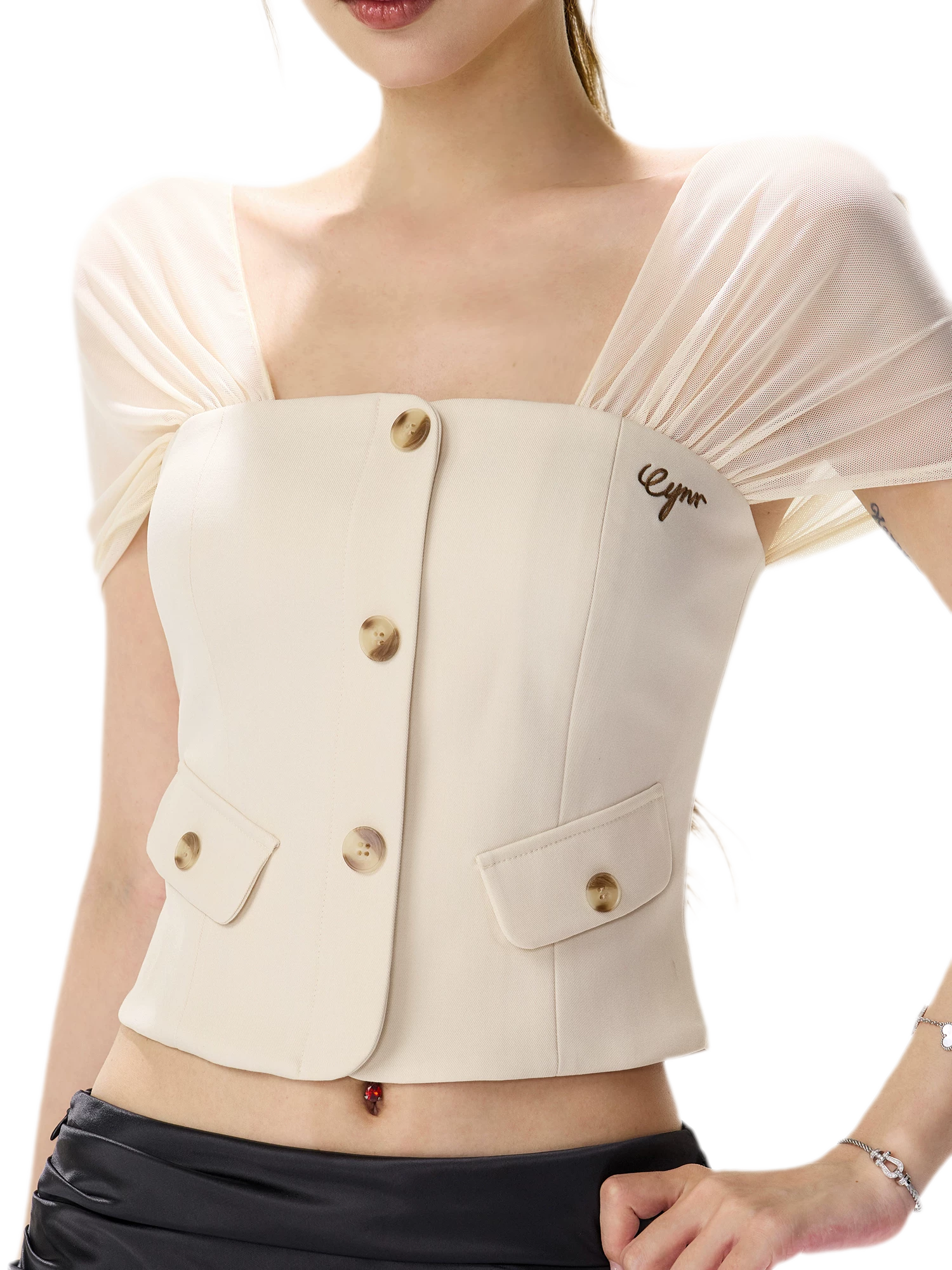Square Neck Mesh Sleeve Top