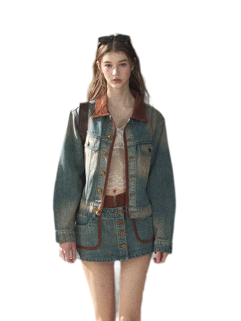 Washed Denim Jacket Skirt Set