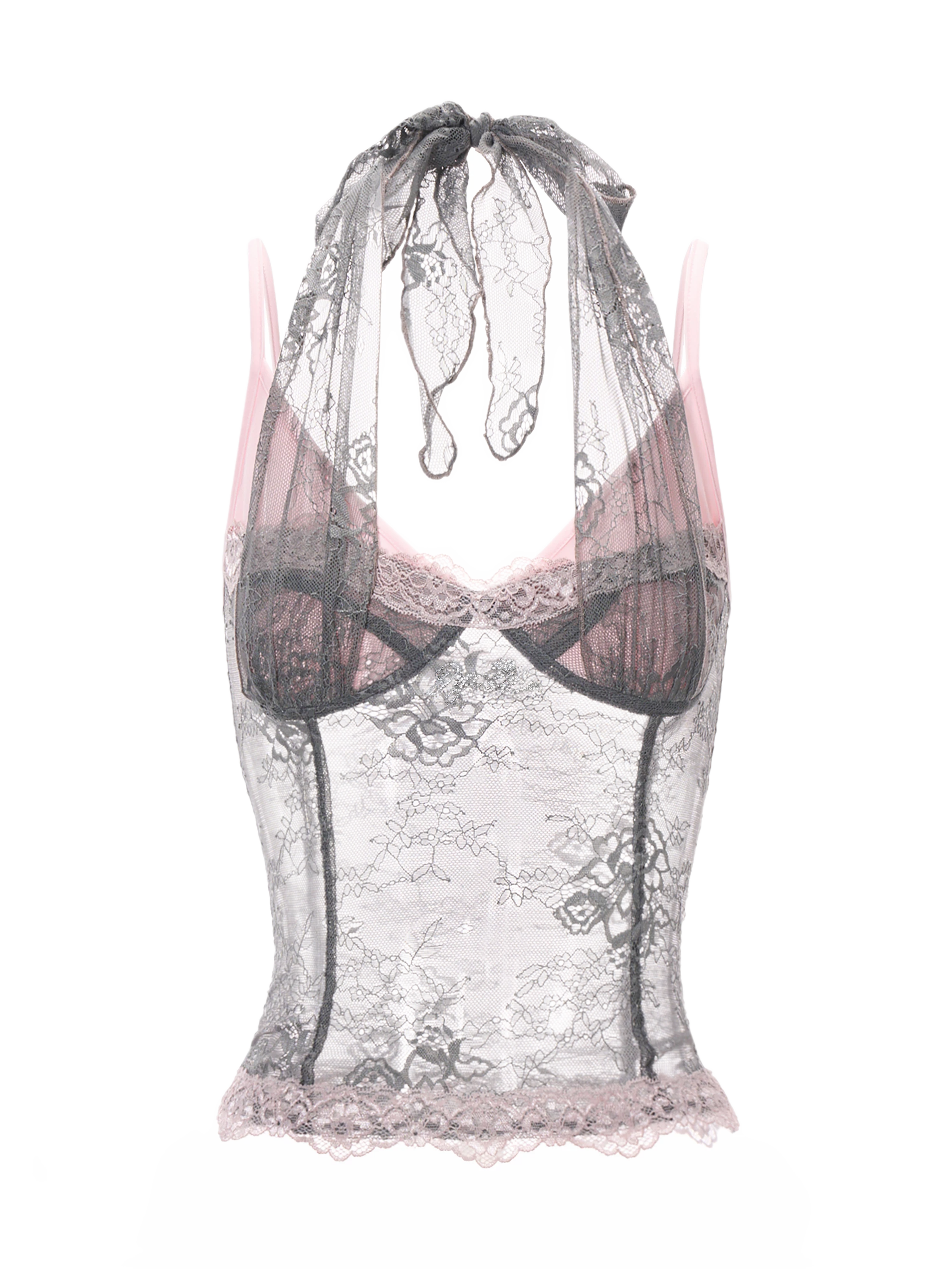 Gray Pink Lace Halter Neck Fitted Top