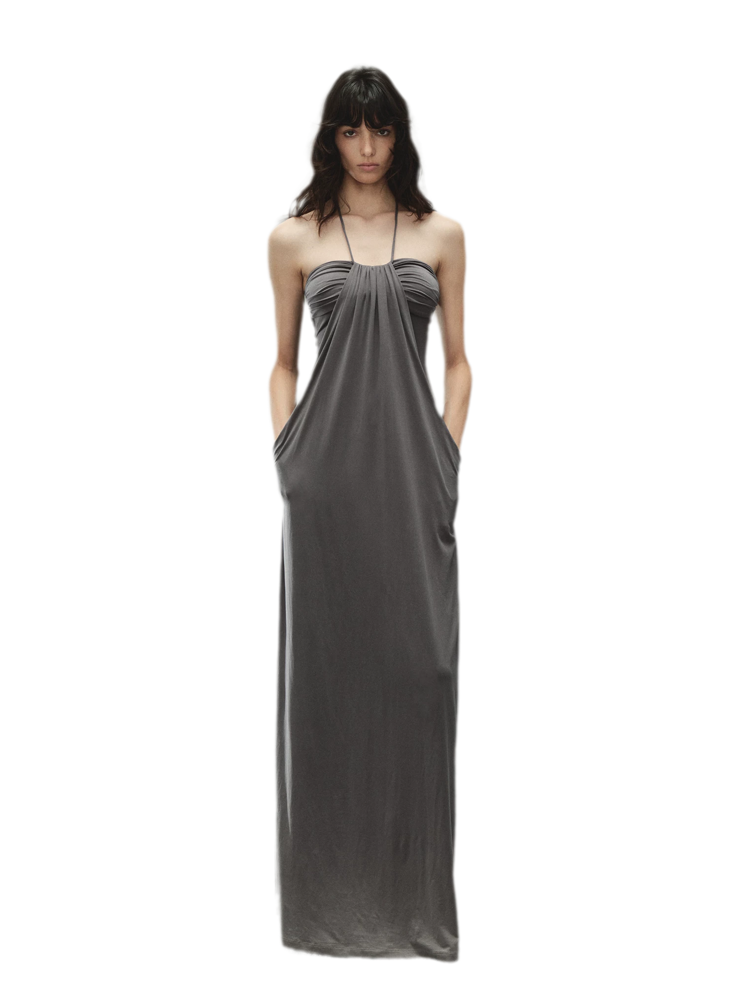 Laisel Handwoven Twist Metallic Chain Pleated Halter Dress