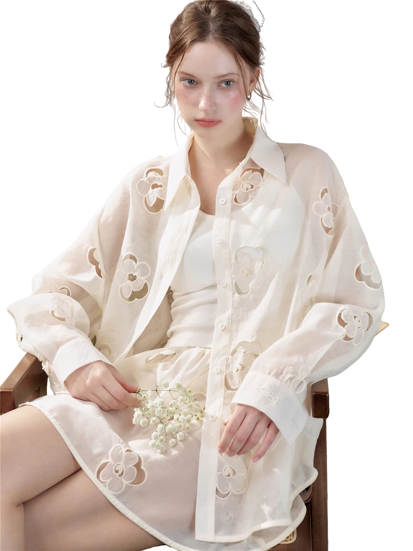 Hollow Floral Embroidered Polo Collar Two-Piece Set
