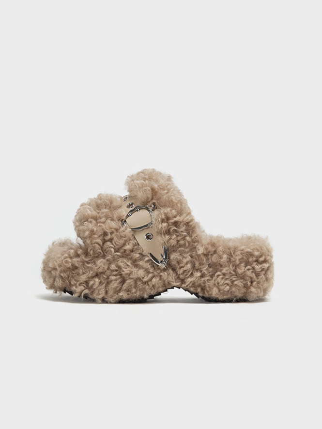 Platform Teddy Fur Slides