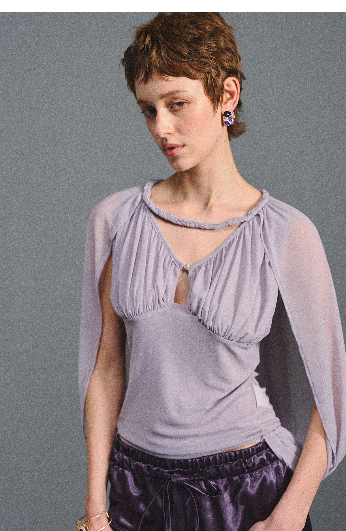 Ruched Mesh V-Neck Top
