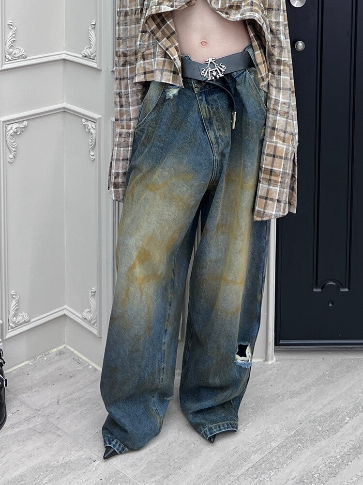 Distressed Wide-Leg Jeans
