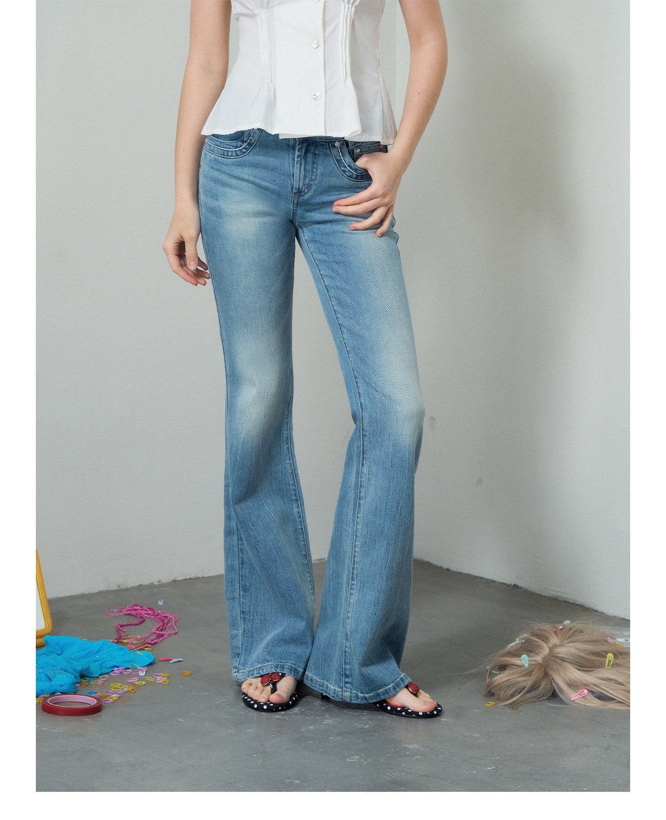 Washed Low-Rise Flare Jeans