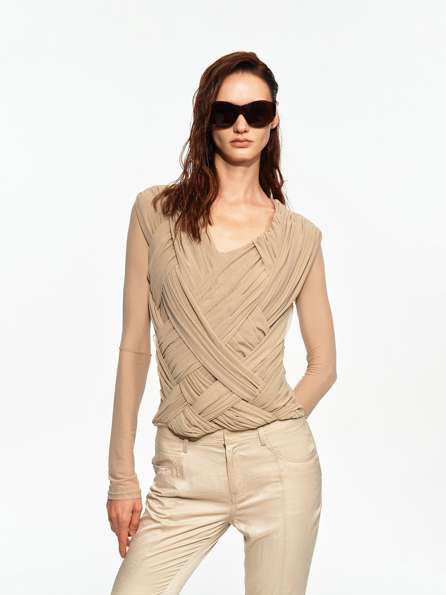 Pleated Cross-Over Fitted Top