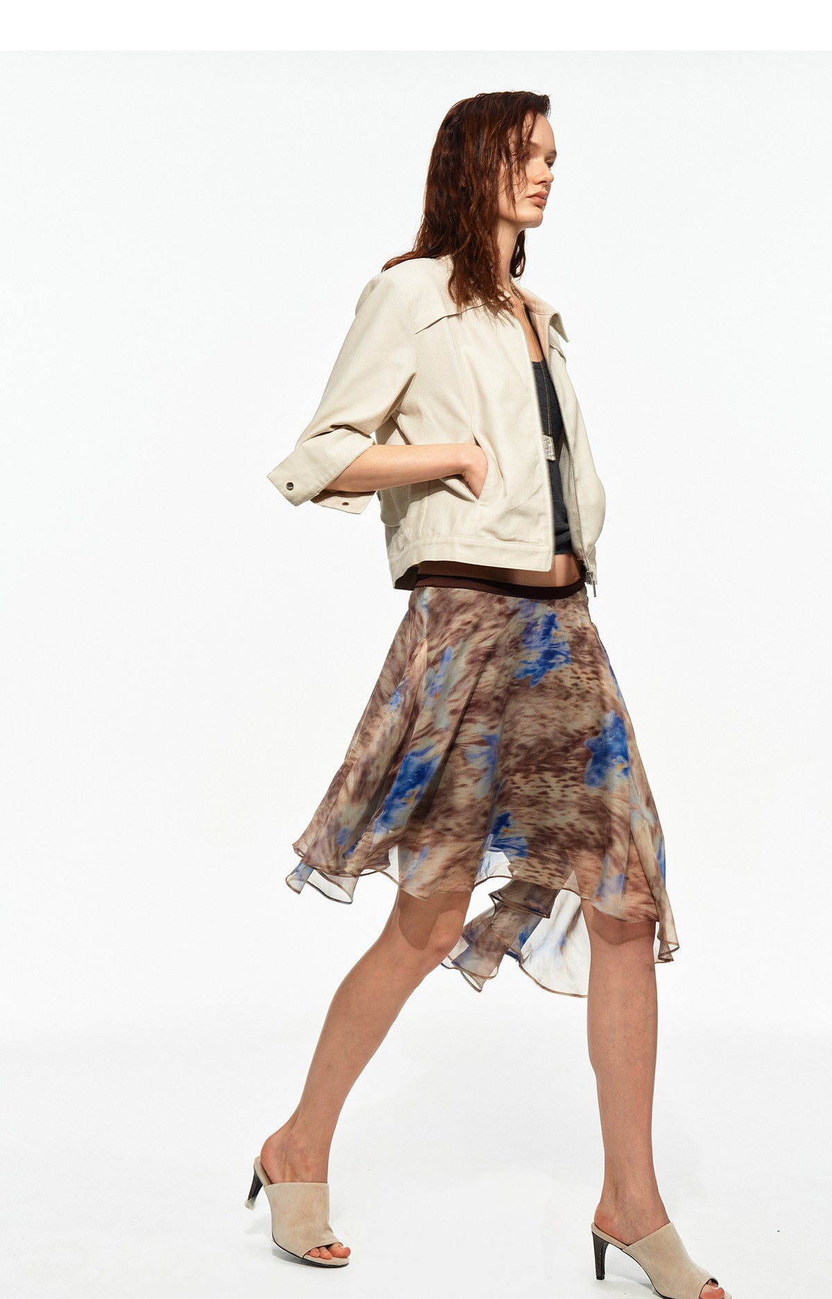Printed Irregular Hem Chiffon Skirt