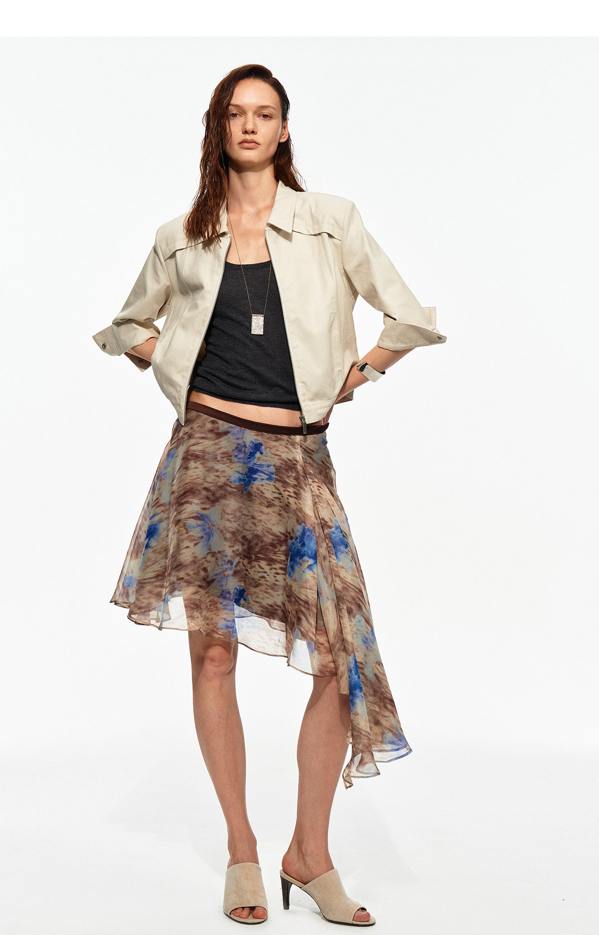 Printed Irregular Hem Chiffon Skirt