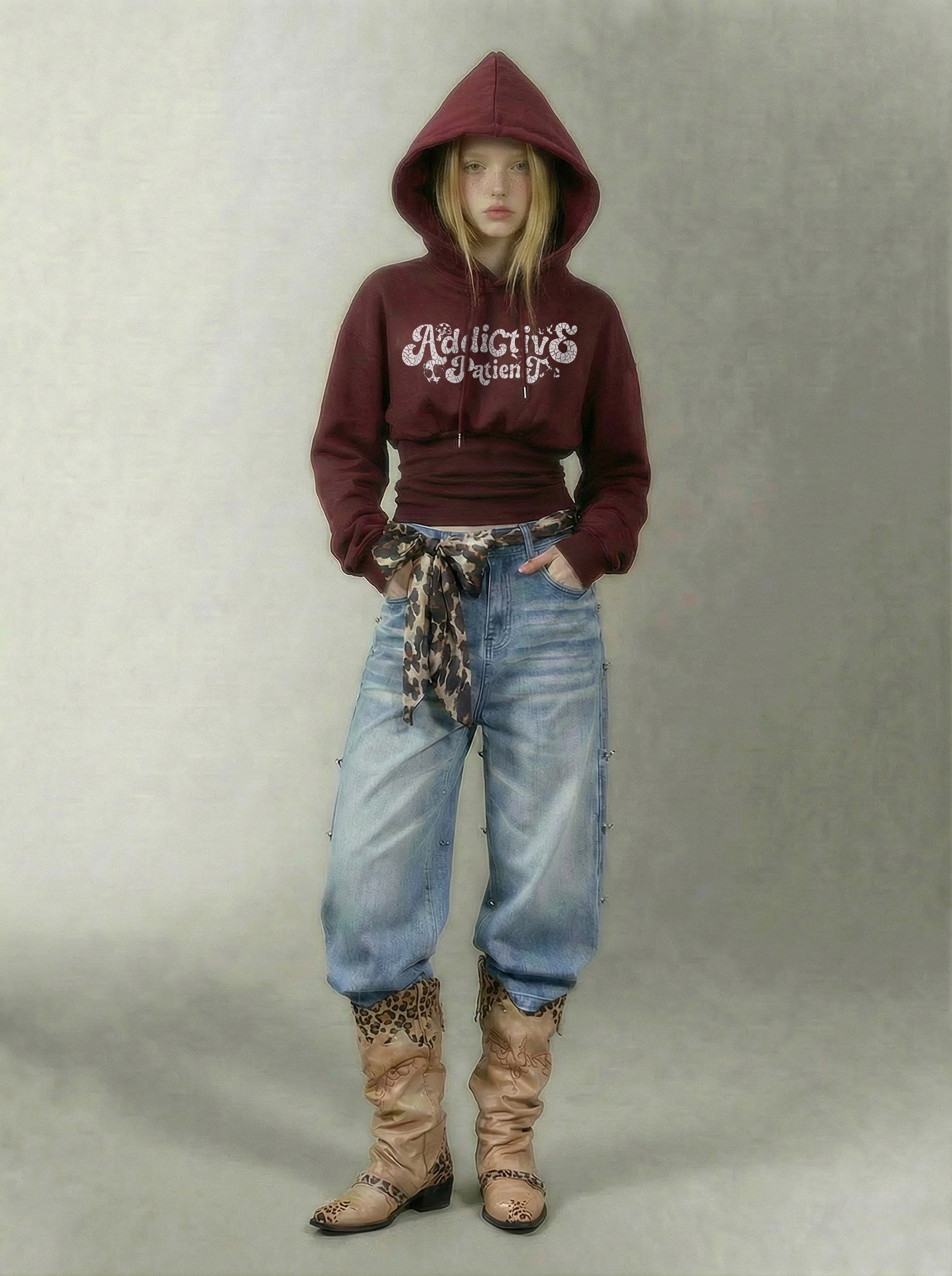 Graphic Cropped Cinched Hoodie