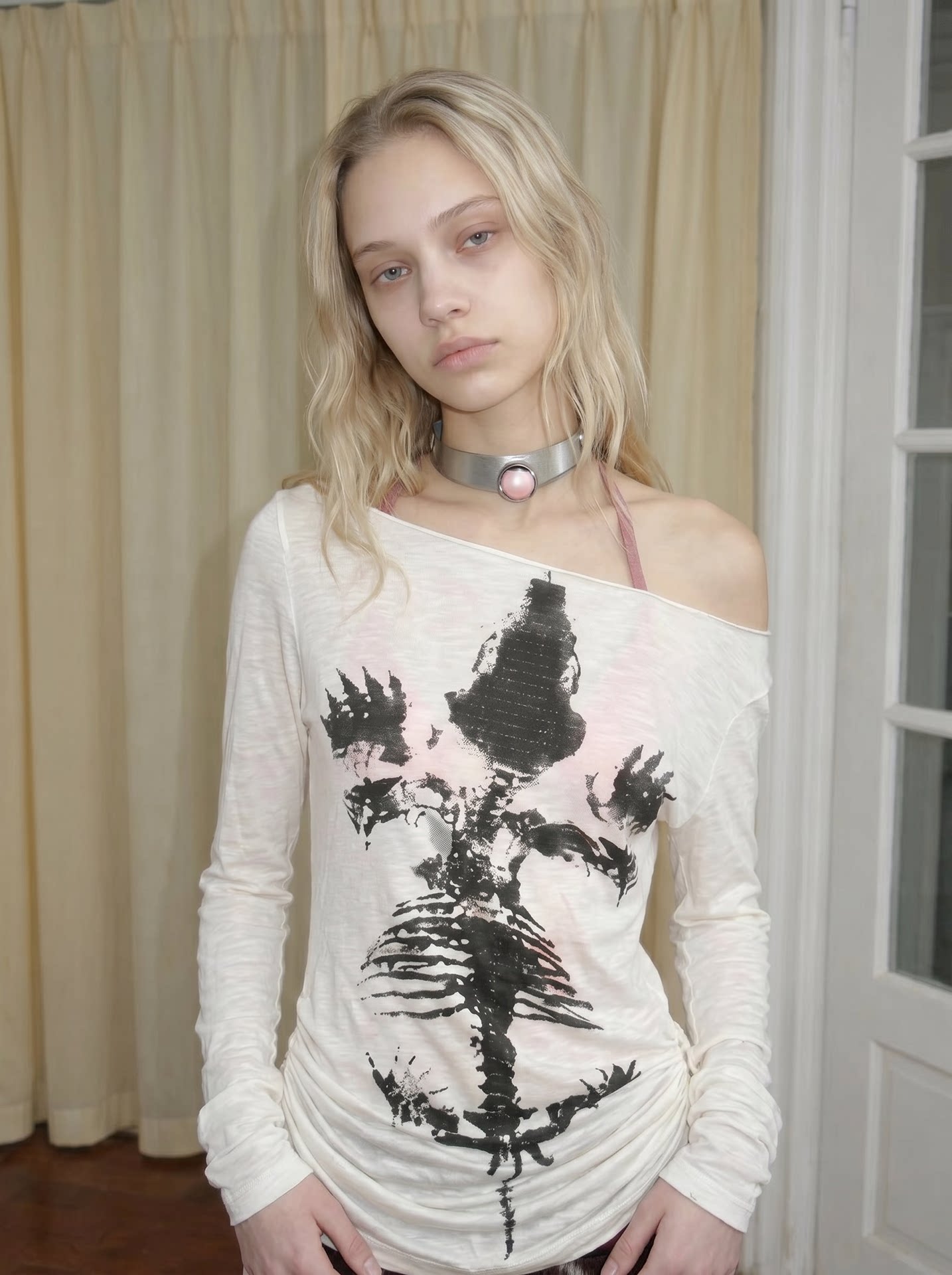 Sheer Asymmetric Skeleton Print Top