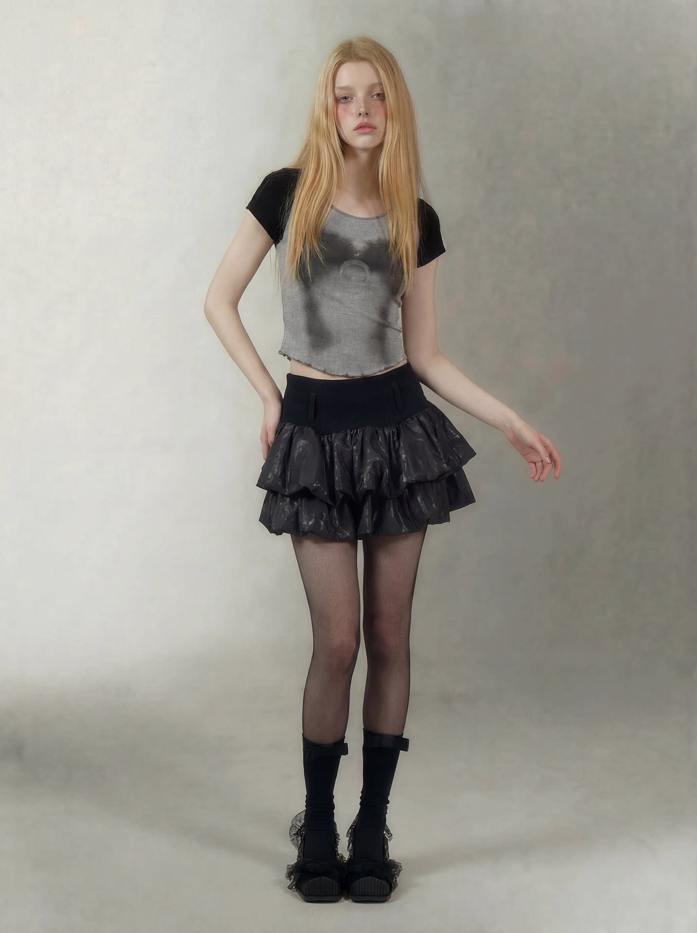 Printed Ruffle Cropped T-Shirt
