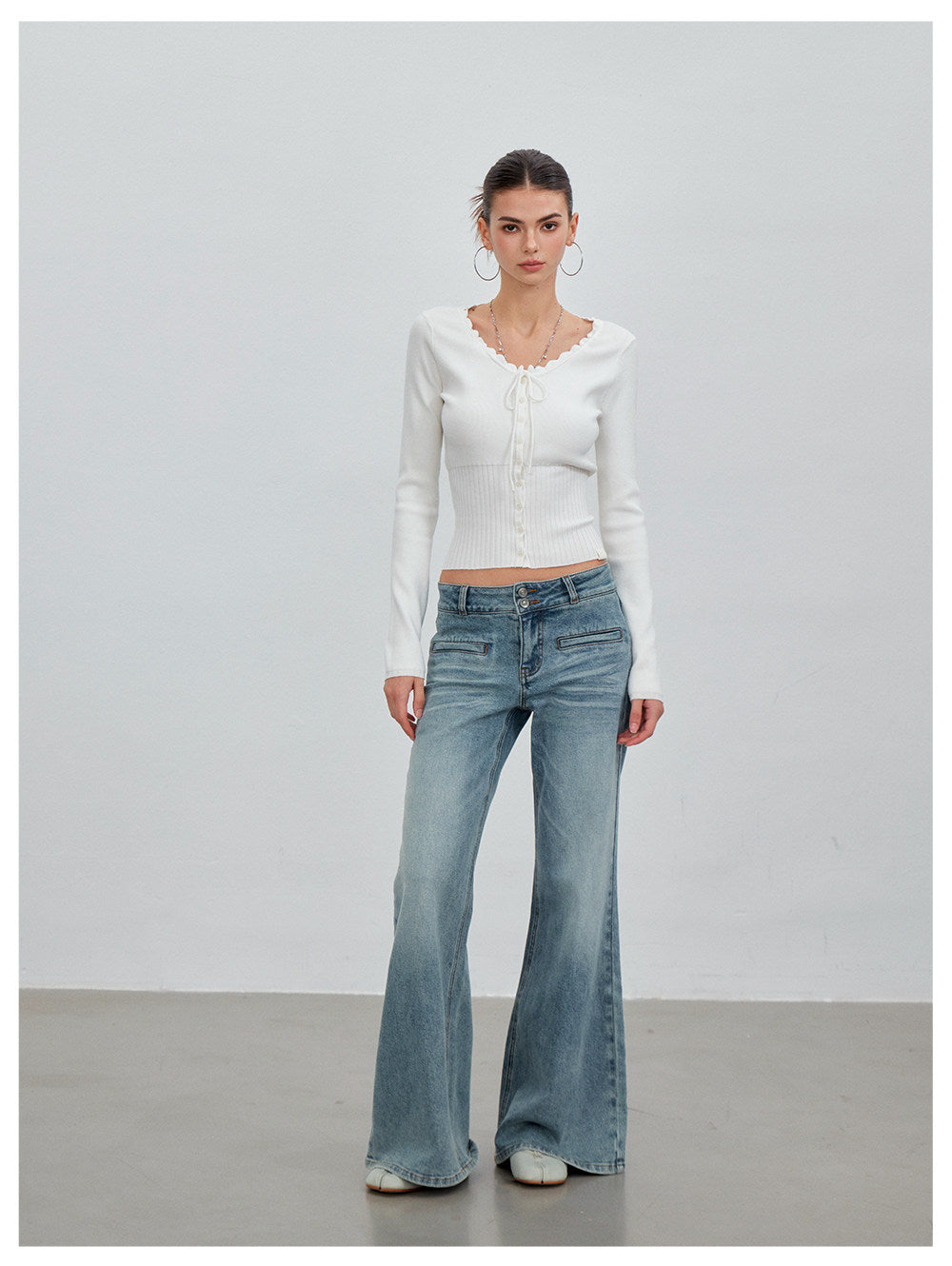 Ribbed Lace-Trim Fitted Knit Top
