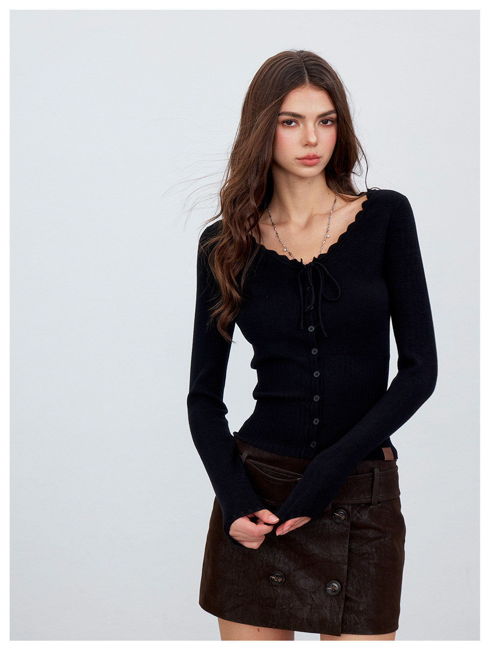 Ribbed Lace-Trim Fitted Knit Top