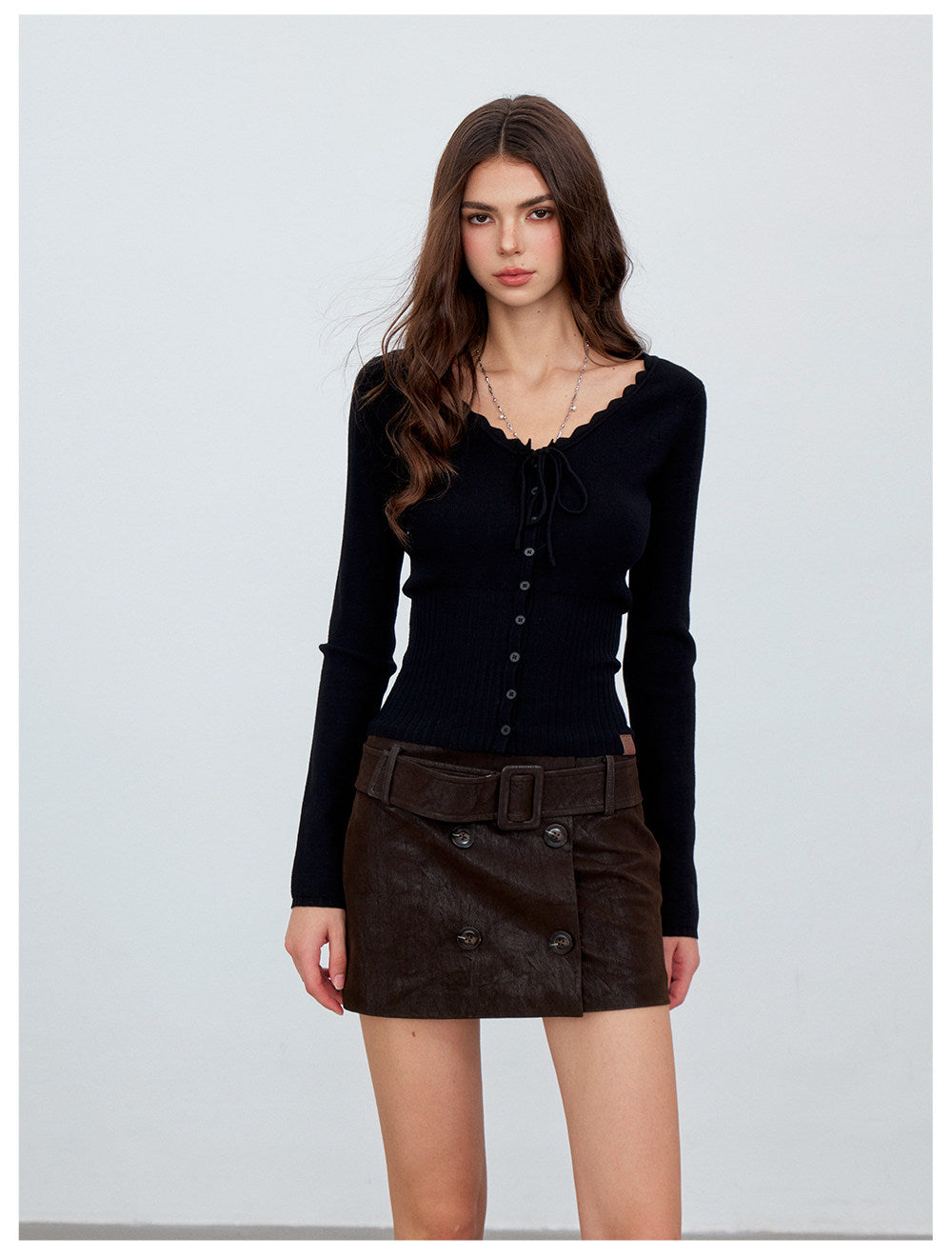 Ribbed Lace-Trim Fitted Knit Top
