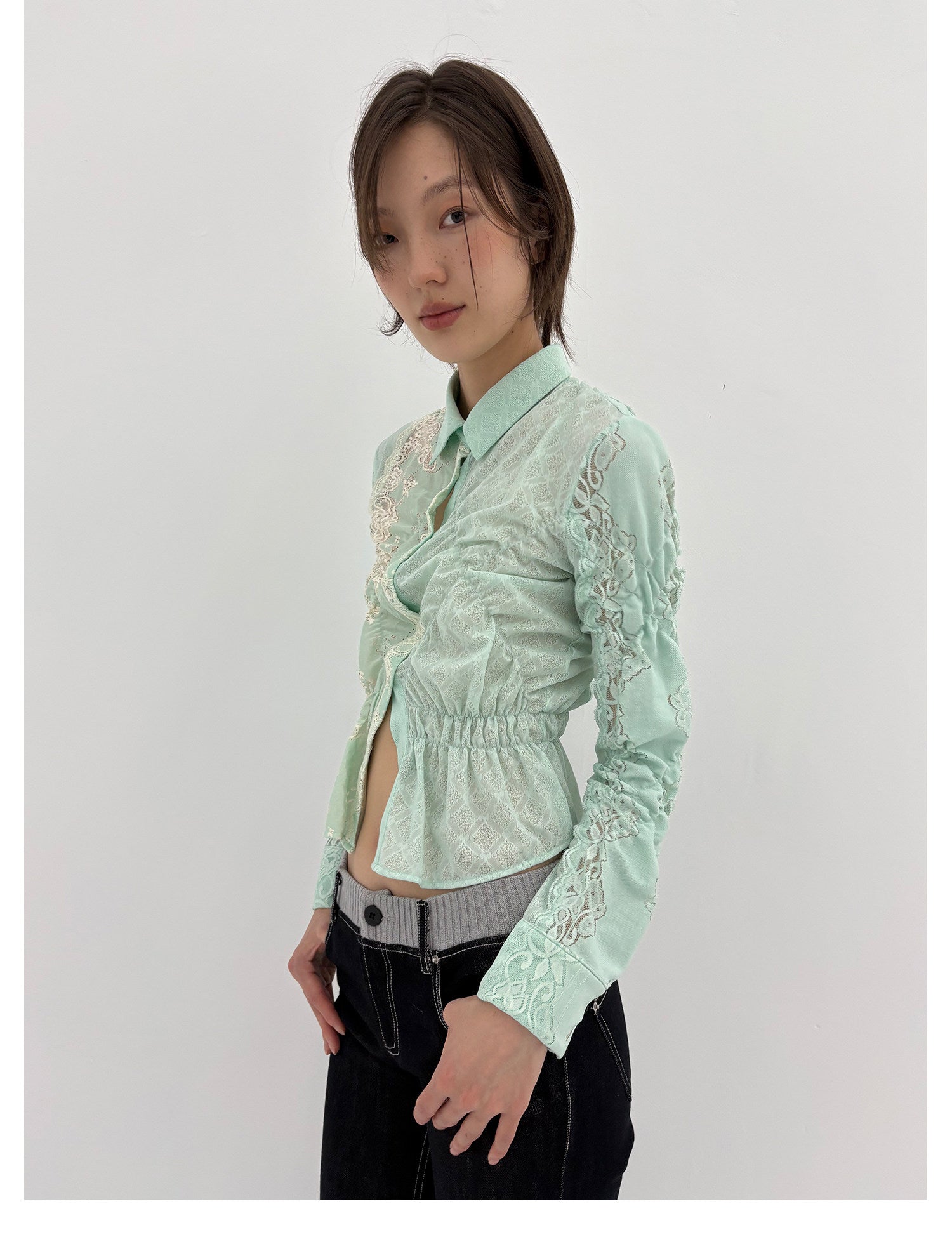 Lace Shirred Peplum Blouse