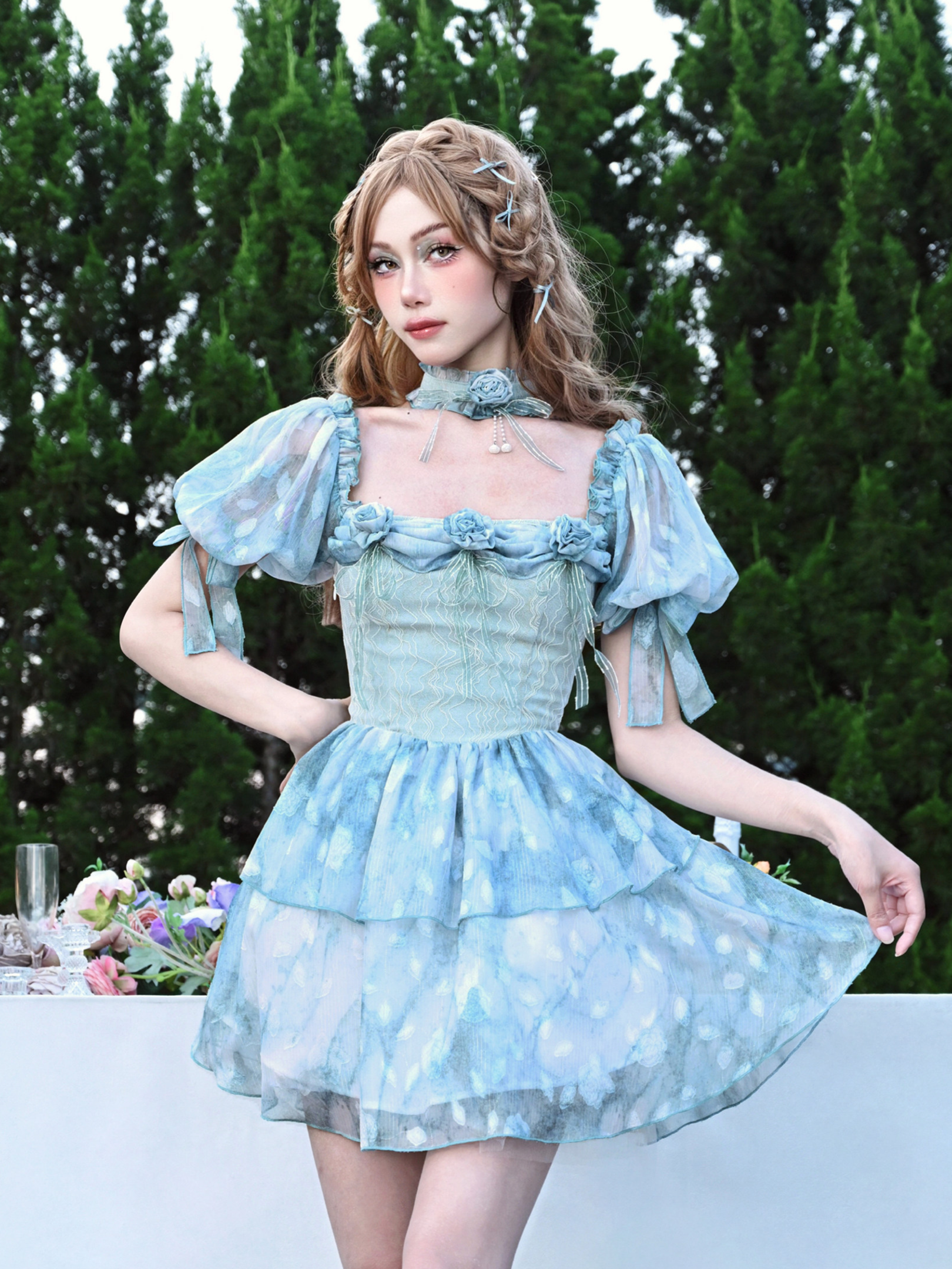 Lace Ruffle Puff-Sleeve Dress