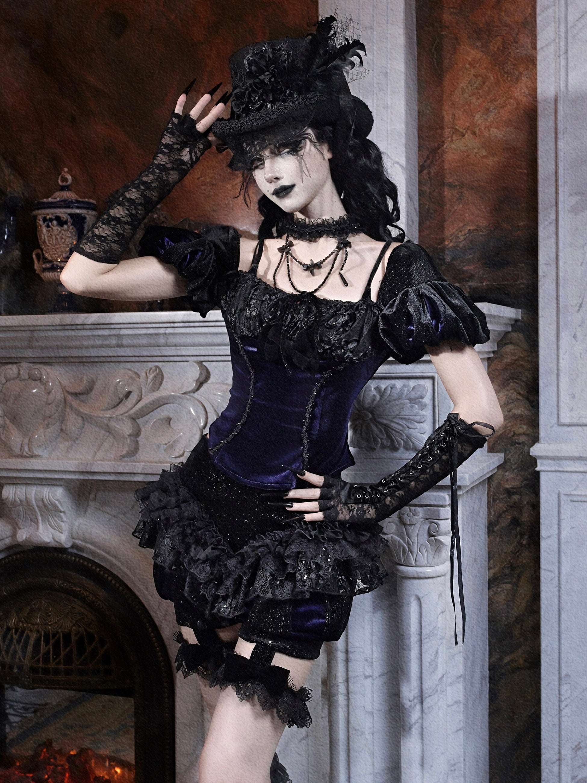 Velvet Puff-Sleeve Lace-Up Top