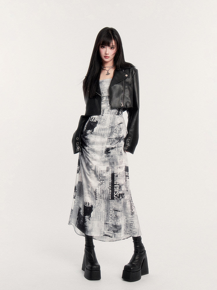 Newspaper Print Ruched Maxi Dress