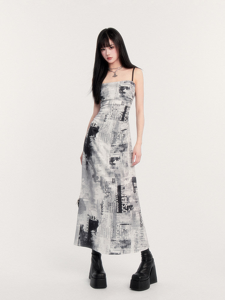 Newspaper Print Ruched Maxi Dress