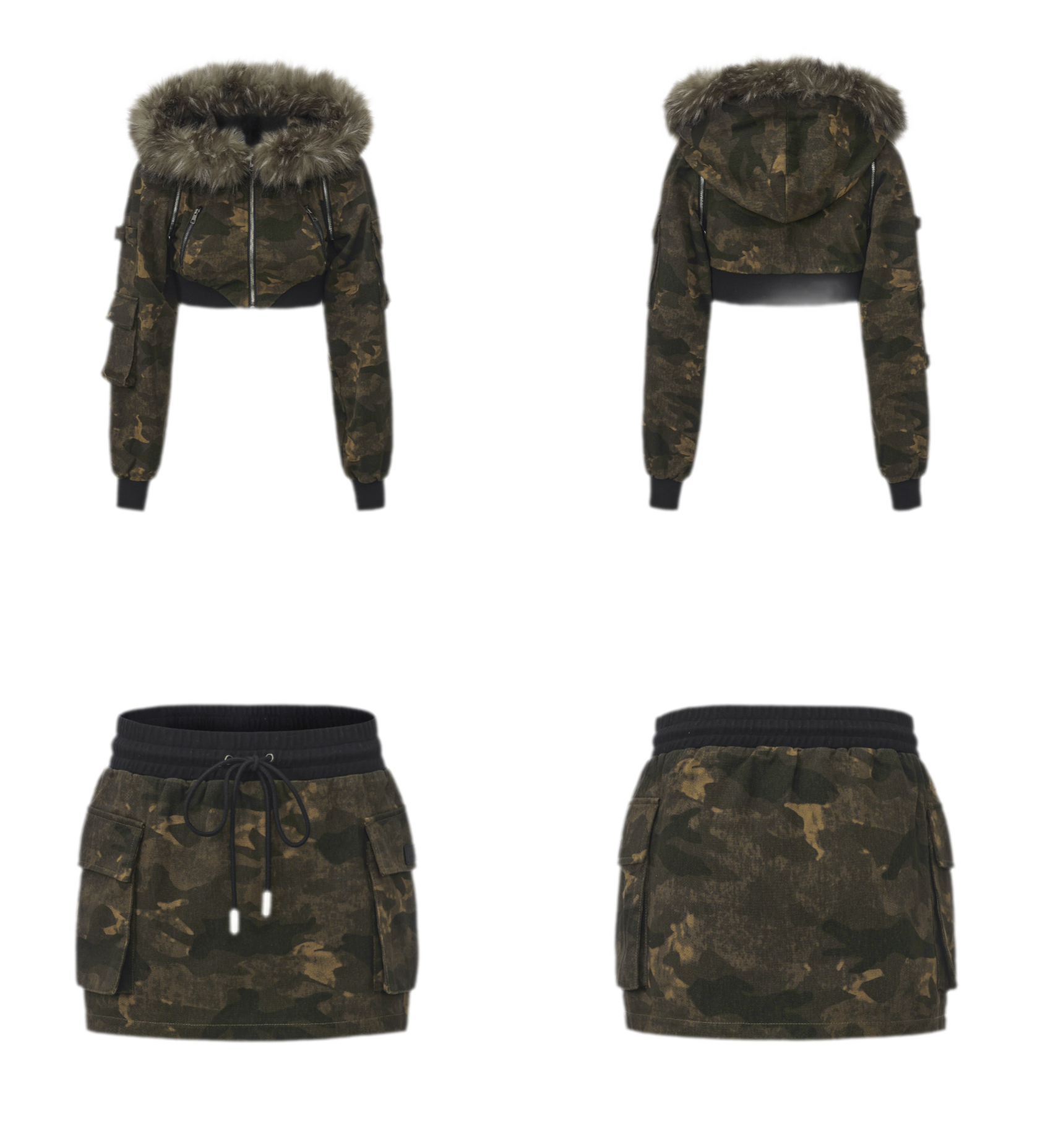 Camouflage Cropped Jacket Skirt Set