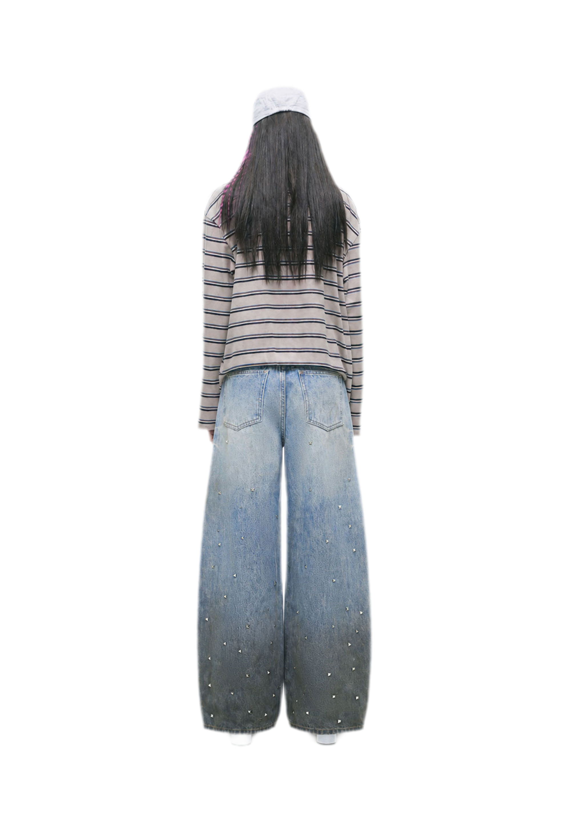 Washed Studded Wide-Leg Jeans