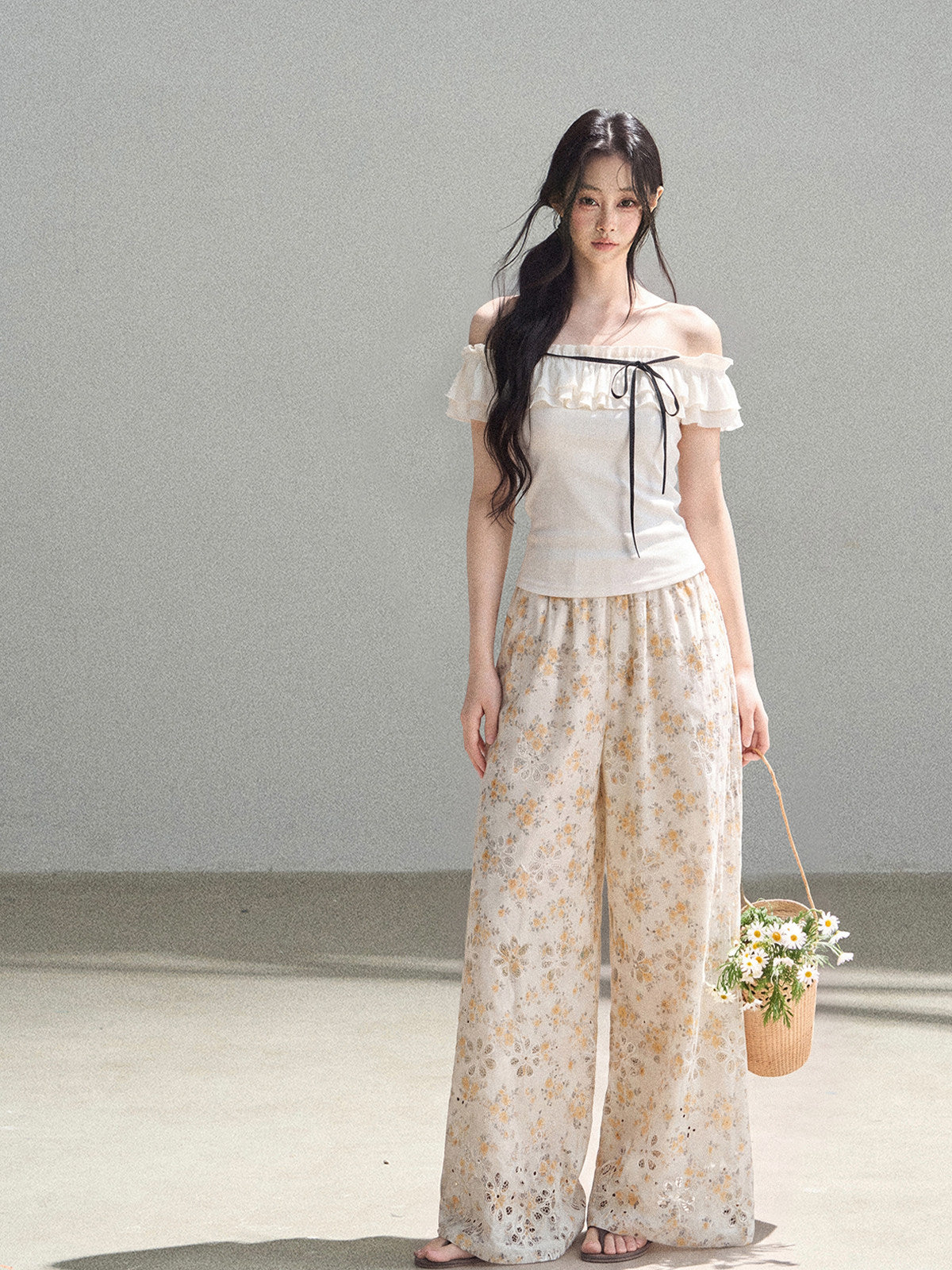 Laser-Cut Floral Wide-Leg Pants