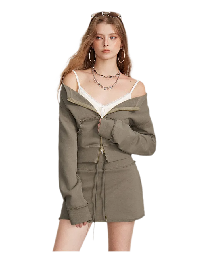 Raw Edge Zip Sweatshirt Set