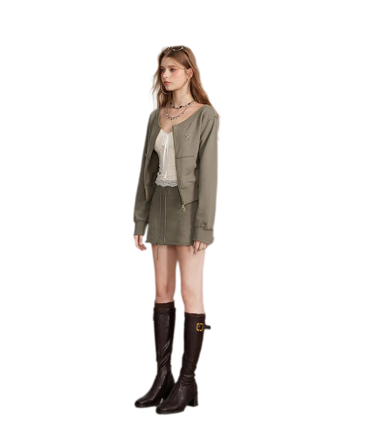 Raw Edge Zip Sweatshirt Set