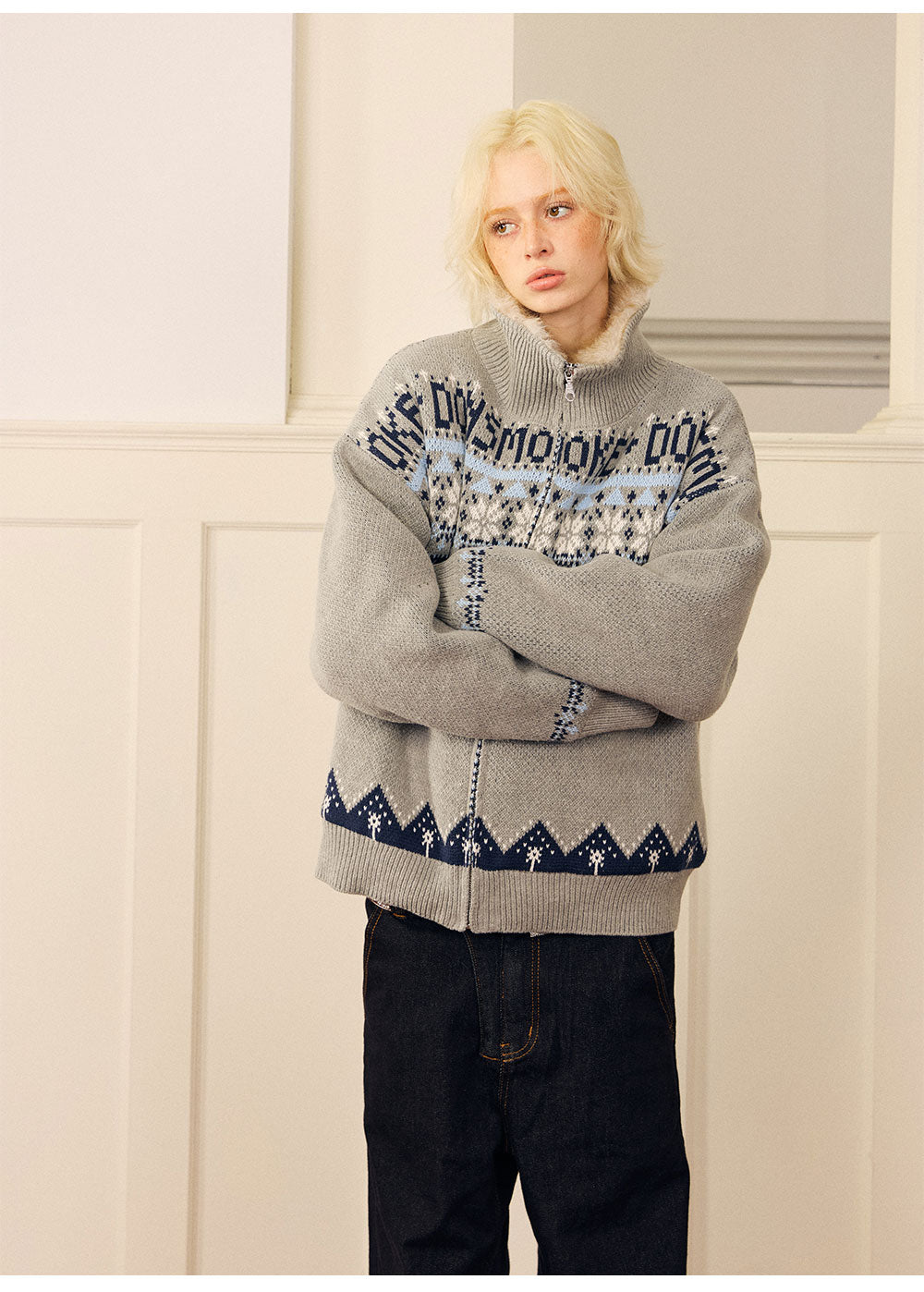 Jacquard Cropped Zip Sweater