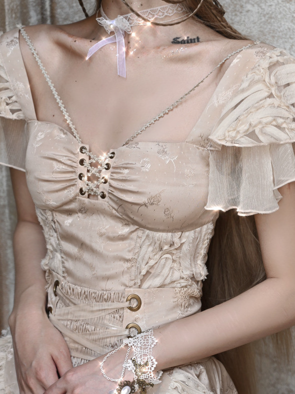 Jacquard Flutter-Sleeve Lace Top