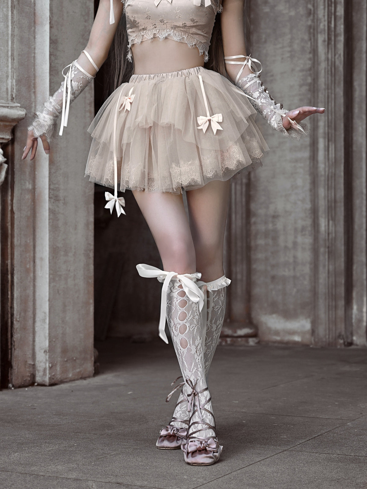 Lace Bow Layered Tulle Skirt